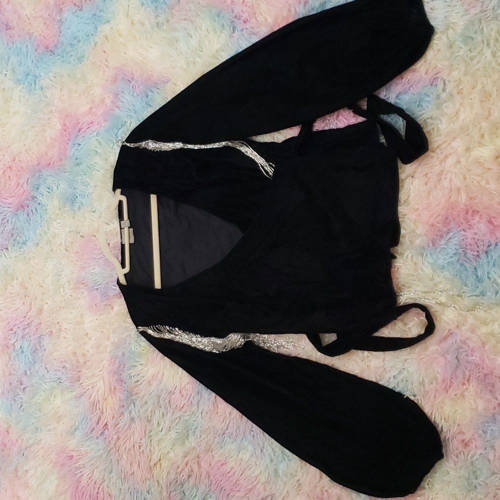 ASOS Top black Velour Wrap Front Silver string Beads blouses